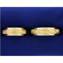 Unique Matching Flower/Nature Design Wedding Band Ring Set for Husband and Wife in 14K Yellow Gold