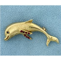 Sapphire and Ruby Dolphin Pin in 14K Yellow Gold