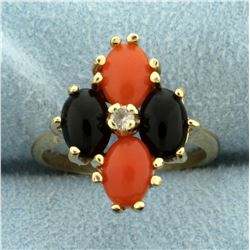 Synthetic Pink and Black Coral and White Sapphire Ring in 10K Yellow Gold