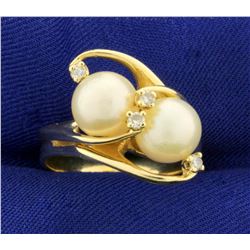 Vintage Large Akoya Pearl and Diamond Ring in 14K Yellow Gold