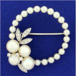 Akoya Pearl and Diamond Pin in 14K White Gold
