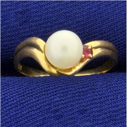 Akoya Pearl and Ruby Pinky Ring in 18K Yellow Gold