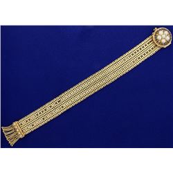 Vintage Victorian Adjustable Mesh Bracelet with Pearls and Sapphires in 14K Yellow Gold