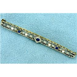 Vintage Sapphire and Pearl Pin in 14K Yellow and White Gold