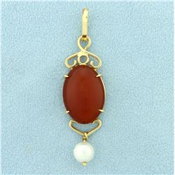 Over 14ct Cabochon Citrine and Pearl Pendant in 14K Yellow Gold