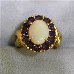 Large Natural Opal and Lab Tanzanite Ring in 10K Yellow Gold
