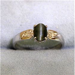 Natural Cats Eye and Diamond Ring in 14K White Gold