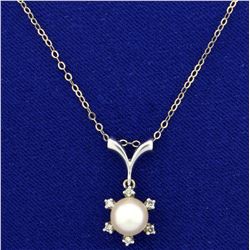Akoya Pearl and Diamond Pendant in 14K White Gold Setting on Sterling Silver Chain