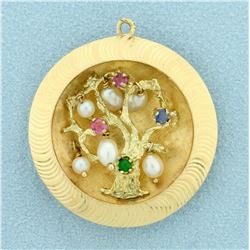 Unique Gemstone and Pearl Tree Pendant in 14K Yellow Gold