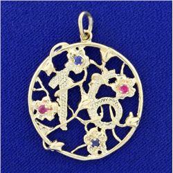 Ruby and Sapphire "16" Pendant in 14K Yellow Gold