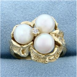 Akoya Pearl and Diamond Ring in 14K Yellow Gold