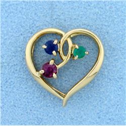 Emerald, Ruby, and Sapphire Heart Pendant in 14K Yellow Gold