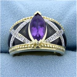 2ct Amethyst and Diamond Ring with Enamel in 14K Yellow Gold