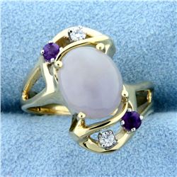 Milky Opal, Amethyst, and Diamond Ring in 14K Yellow Gold