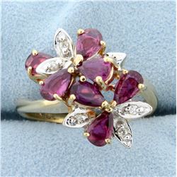 Cascading Floral Design Natural Ruby and Diamond Ring in 14k Yellow Gold