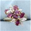 Image 1 : Cascading Floral Design Natural Ruby and Diamond Ring in 14k Yellow Gold