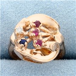 Vintage Hand Crafted Diamond, Sapphire, and Ruby Ring in 14k Rose Gold