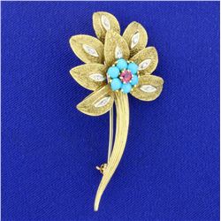 Vintage Turquoise, Ruby, and Diamond Flower Pin in 18K Yellow and White Gold