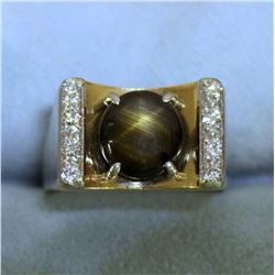 Natural Black Star Sapphire and Diamond Ring in 14K Yellow Gold
