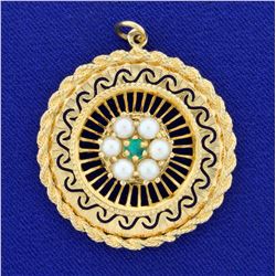 Custom Designed Emerald and Seed Pearl Pendant in 14K Yellow Gold