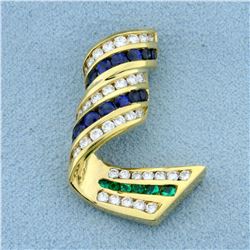Charles Krypell Designer Diamond, Sapphire, and Emerald Slide Pendant in 18k Yellow Gold