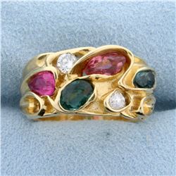 Emerald, Morganite, Diamond, and Rubellite Custom Designed Ring in  14K Yellow Gold