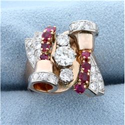 Custom Designed Art Noveau Diamond and Ruby Ring in 14K Rose Gold