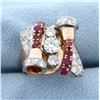 Image 1 : Custom Designed Art Noveau Diamond and Ruby Ring in 14K Rose Gold
