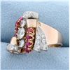 Image 2 : Custom Designed Art Noveau Diamond and Ruby Ring in 14K Rose Gold