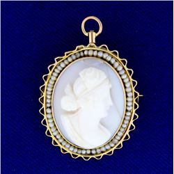 Antique Cameo Pendant or Pin with Seed Pearls in  14K Yellow Gold