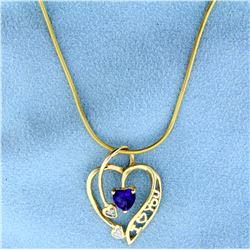 Amethyst and Diamond Heart   I Love You  Pendant with Snake Chain in 10k Yellow Gold