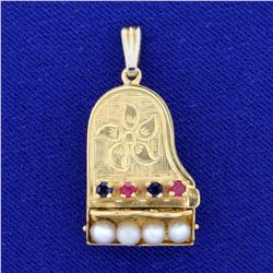 Vintage Grand Piano Design Ruby, Sapphire, and Seed Pearl Locket Pendant in 14K Yellow Gold