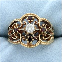 Vintage Diamond and Garnet Ring in 14K Yellow Gold