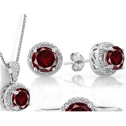 Garnet Halo Style Earring, Pendant, and Chain Set in Sterling Silver