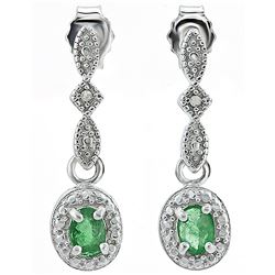 Vintage Style Emerald and Diamond Milgrain Dangle Earrings in Sterling Silver