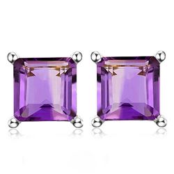6MM Square Step Cut Natural Amethyst Stud Earrings in Sterling Silver