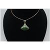 Image 2 : A 18K Gold Necklace with a Canada Jade "Fan" Shape Pendant Inlaid with 18K Gold.