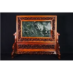 A Canada Jade and Wood Carved Table Screen - "Dai Dai You Yu".
