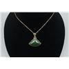 Image 2 : A 18K Gold Necklace with a Canada Jade "Fan" Shape Pendant Inlaid with 18K Gold.