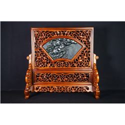 A Canada Jade and Wood Carved Table Screen - "Yi Lu Lian Ge".