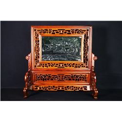 A Canada Jade and Wood Carved Table Screen - "Long Teng Da Yun".