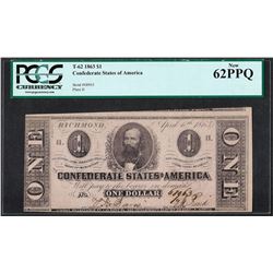 1863 $1 Confederate States of American Note T-62 PCGS New 62PPQ