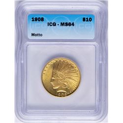 1908 with Motto $10 Indian Head Eagle Gold Coin ICG MS64