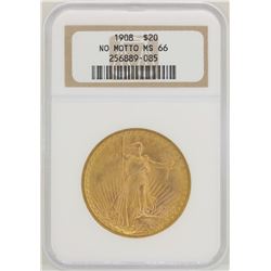 1908 No Motto $20 St. Gaudens Double Eagle Gold Coin NGC MS66