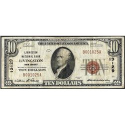 Scarce 1929 $10 Livingston, New Jersey CH# 13129 National Currency Note