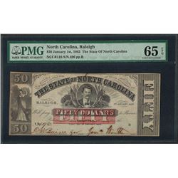 1863 $50 The State of North Carolina Obsolete Note PMG Gem Uncirculated 65EPQ