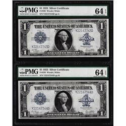 (2) Consecutive 1923 $1 Silver Certificate Note Fr.238 PMG Choice Uncirculated 6