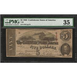 1863 $5 Confederate States of America Note T-60 PMG Choice Very Fine 35