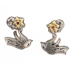 Vintage Polished Silver & 14K Gold Bird Post Earrings
