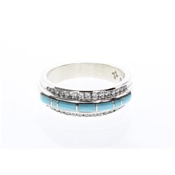 Vintage Polished Turquoise & Diamonds  Inlay Ring Band